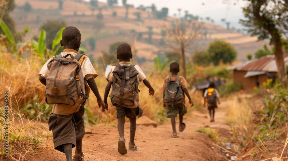 equality education volunteer service concept picture of poor African students walking along dirt path to school at Africa