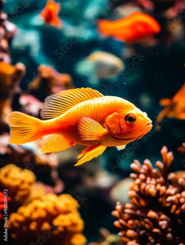 A close-up of a vibrant orange fish swimming in an aquarium, showcasing its bright colors and fins, contrasting with the background coral and other fish.