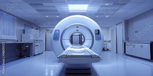 Hospital radiology room with mri scanner machine. A large MRI machine is in a hospital room. Modern CT scanners are equipped with the latest technology in modern hospitals.