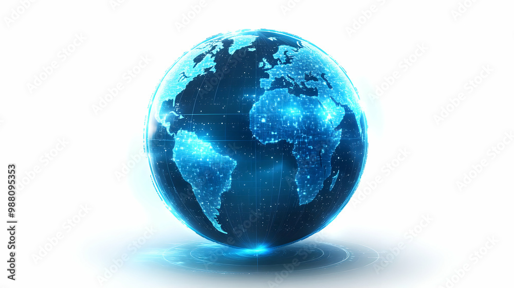 Glowing blue digital globe against a white isolated background representing global connectivity. Glowing blue digital globe against a white isolated background representing global connectivity.