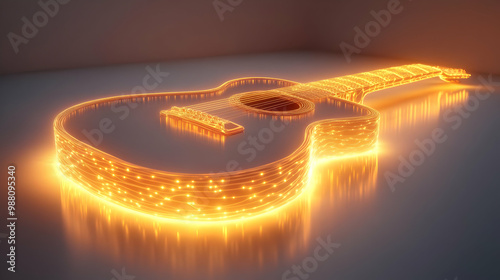 Guitar shaped illustration made of glowing lights on a reflective surface. photo