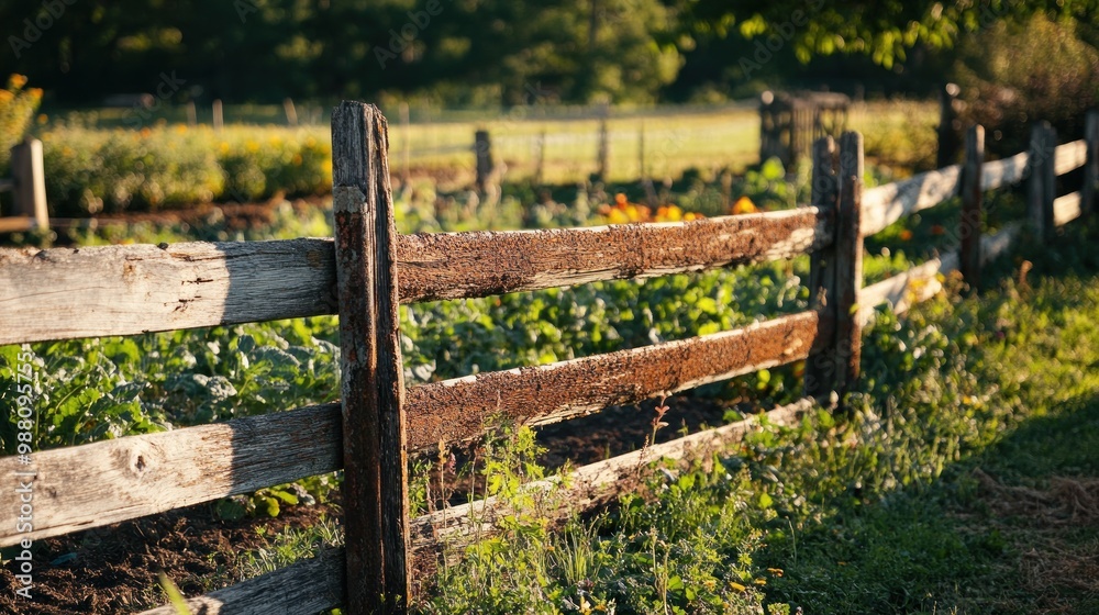 A rustic wooden fence surrounds a vibrant garden, showcasing lush plants and flowers. A rustic wooden fence surrounds a vibrant garden, showcasing lush plants and flowers.