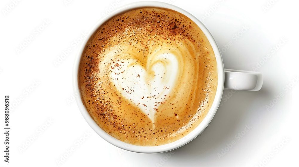 Obraz premium Heart shaped hot latte art coffee in a white cup on white