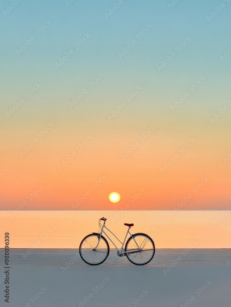 Fototapeta premium A lone bicycle sits on a sandy beach at sunset, symbolizing freedom, adventure, relaxation, tranquility, and the beauty of nature.