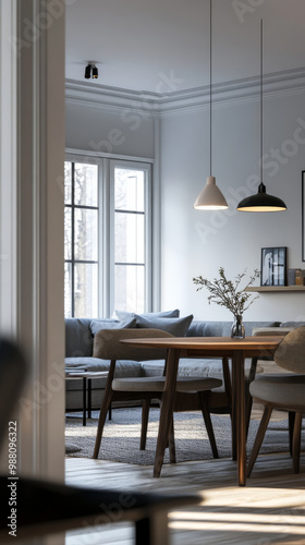 A modern living space featuring cozy dining area with stylish pendant lights  wooden table  and comfortable chairs. large windows allow natural light to fill room  creating warm and inviting atmospher