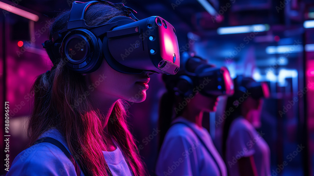 Immersed in vibrant virtual reality experience, group of individuals wears advanced VR headsets, showcasing future of gaming and technology. colorful lighting enhances atmosphere, creating an engaging Immersed in vibrant virtual reality experience, group of individuals wears advanced VR headsets, showcasing future of gaming and technology. colorful lighting enhances atmosphere, creating an engaging
