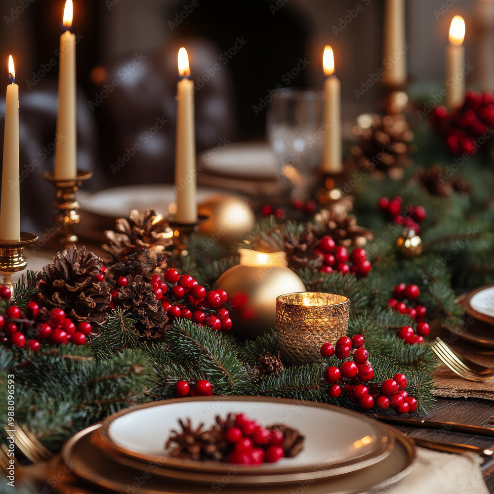 A beautifully arranged Christmas table setting featuring candles, pinecones, and festive decorations. warm glow of candlelight enhances holiday spirit, creating cozy atmosphere A beautifully arranged Christmas table setting featuring candles, pinecones, and festive decorations. warm glow of candlelight enhances holiday spirit, creating cozy atmosphere