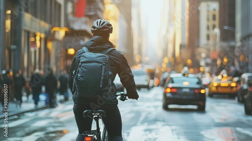 A person commuting to work by bicycle in a bustling city, integrating health into an urban lifestyle