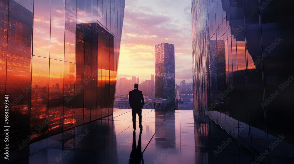 A silhouette of man stands against stunning sunset, framed by modern skyscrapers reflecting vibrant colors. scene evokes sense of ambition and possibility A silhouette of man stands against stunning sunset, framed by modern skyscrapers reflecting vibrant colors. scene evokes sense of ambition and possibility