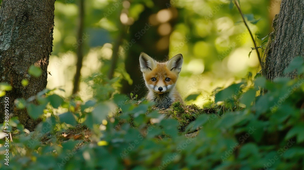 Fototapeta premium A curious fox peeks through foliage in a serene forest setting.