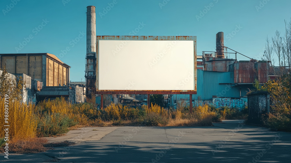 An empty billboard stands in an abandoned industrial area, surrounded by overgrown grass and remnants of old buildings. scene evokes sense of nostalgia and decay An empty billboard stands in an abandoned industrial area, surrounded by overgrown grass and remnants of old buildings. scene evokes sense of nostalgia and decay