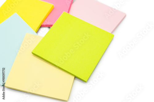 Blank colorful sticky note isolated on white background. Copy space.