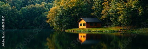 Tranquil Lakeside Cabin Retreat, a charming wooden cabin nestled on the peaceful shore of a serene lake, surrounded by lush green trees. photo