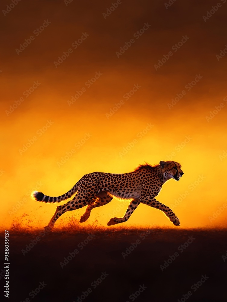 Φωτογραφία Cheetah Running at Sunset, a powerful feline running through the savanna at golden hour, symbolizing speed, grace, agility, wildness and freedom