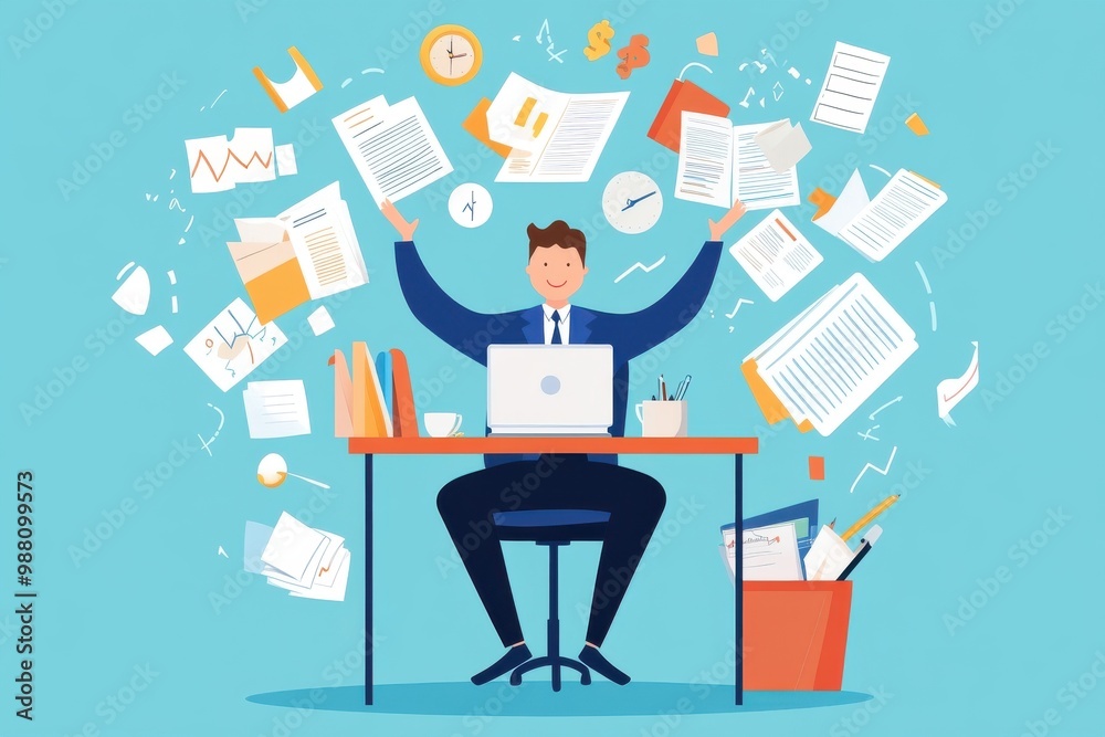 Naklejka premium Businessman juggling paperwork while working on a laptop, symbolizing multitasking in a modern office environment.