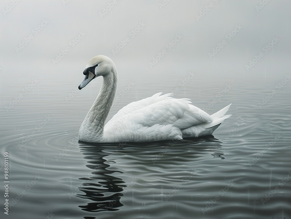 Fototapeta premium Elegant Swan in Foggy Lake - Wildlife Photography
