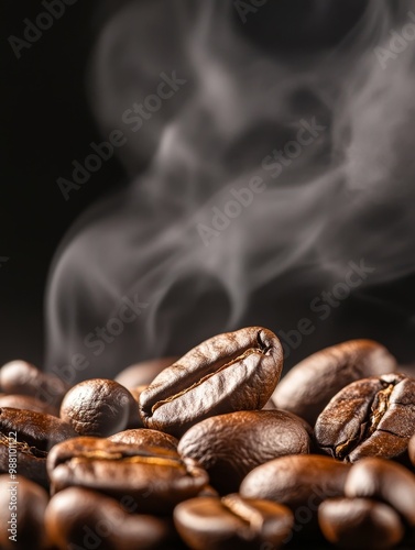 A close-up of roasted coffee beans with steam rising above them, symbolizing warmth, energy, aroma, freshness, and indulgence.