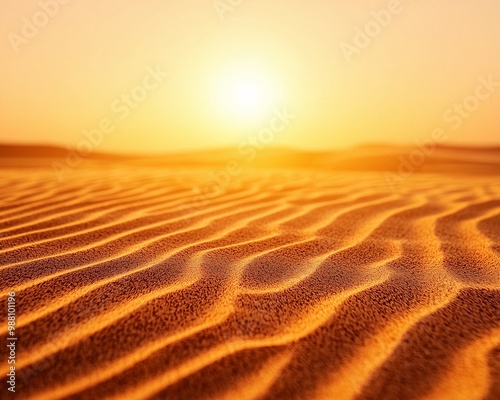 A serene desert landscape at sunset, featuring gentle sand dunes illuminated by warm golden light for a tranquil vibe. photo