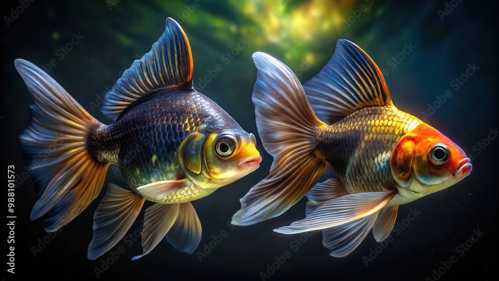 * Two fish swim together, one with a golden belly and dark back, the other with a dark belly and golden back, creating an optical illusion. * Two fish swim together, one with a golden belly and dark back, the other with a dark belly and golden back, creating an optical illusion.