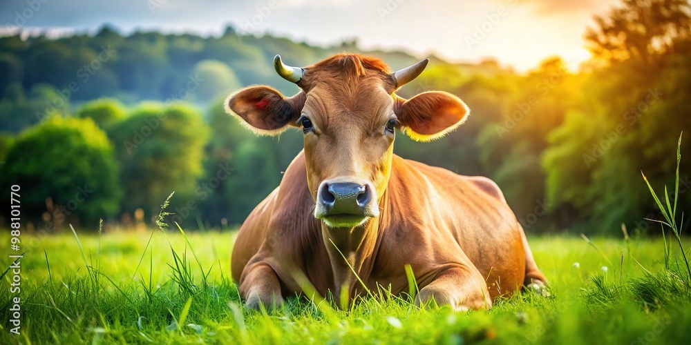 A brown cow grazes in a verdant meadow, pausing to savor the sweet grass and bask in the warm sunshine with serene surroundings. A brown cow grazes in a verdant meadow, pausing to savor the sweet grass and bask in the warm sunshine with serene surroundings.