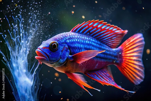 A brilliant fish inflates its body with air, sporting electric blue scales and fiery red stripes, as it expels water rapidly through its mouth. photo