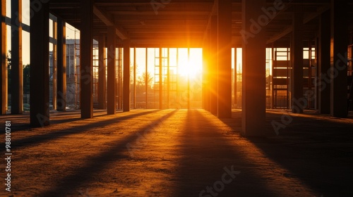 Sunrise Through Construction Site Building, a captivating image showcasing a modern building under construction with the rising sun casting golden rays through the open frame, symbolizing new beginnin photo