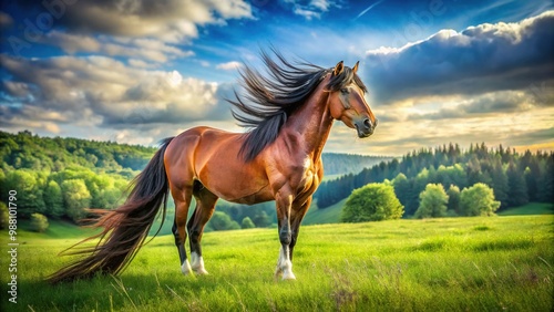 A brown horse stands tall in a sun-kissed meadow, its mane and tail flowing softly in the gentle breeze on a warm afternoon.