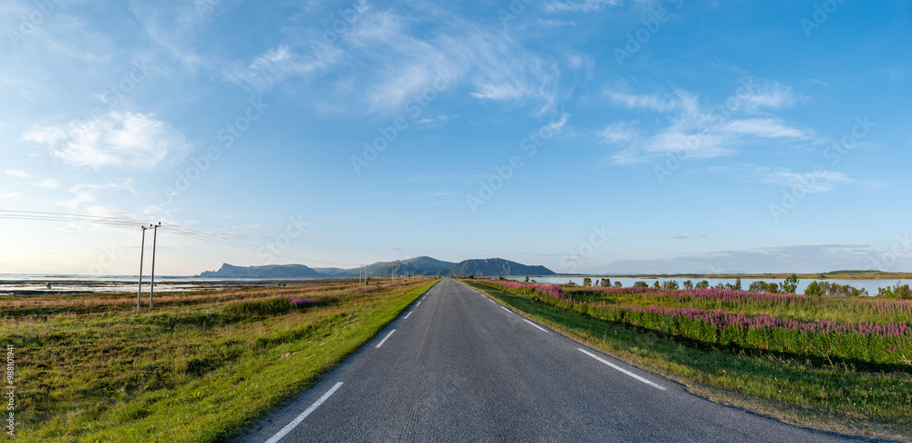 Andoya scenic landscape with long straight road leading into horizon in Norway. national tourist route in Norway. national tourist route on Andoya, Nordland, Norway Andoya scenic landscape with long straight road leading into horizon in Norway. national tourist route in Norway. national tourist route on Andoya, Nordland, Norway