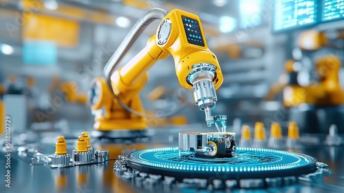 A robotic arm is assembling components on futuristic workstation, showcasing advanced technology and precision in manufacturing. vibrant colors and intricate details highlight innovation and efficienc photo