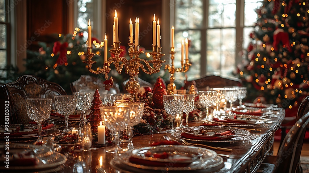 Candlelit Christmas Eve dinner table set with golden candelabras, luxurious place settings, crystal glasses reflecting the soft glow, rich red and green holiday décor surrounding the table, Candlelit Christmas Eve dinner table set with golden candelabras, luxurious place settings, crystal glasses reflecting the soft glow, rich red and green holiday décor surrounding the table,
