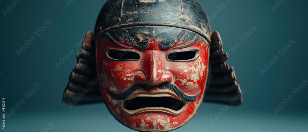 Weathered samurai mask with red and black design