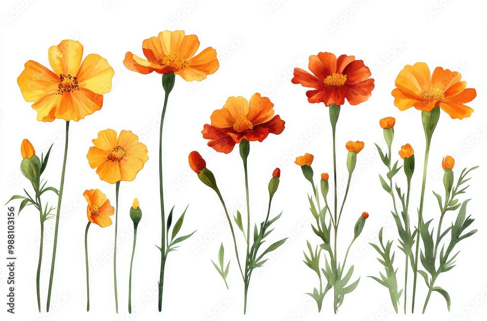 Fototapeta premium A Variety of Marigold Flowers in Different Sizes and Colors Bright and Cheerful Botanical Illustrations