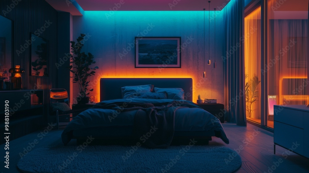 A room lit by smart lighting that changes color and brightness, creating a personalized ambiance A room lit by smart lighting that changes color and brightness, creating a personalized ambiance