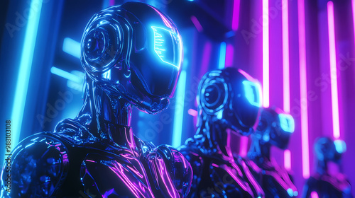 Neon illumination of robotic uprising fueled by misappropriation and lack of transparency. Robot Uprising. Illustration photo