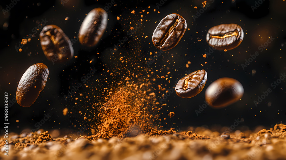 Dynamic moment of coffee beans splashing Dynamic moment of coffee beans splashing