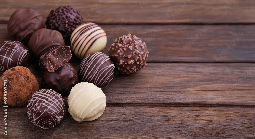 Assorted Chocolate Truffles on Wooden Background Assorted Chocolate Truffles on Wooden Background