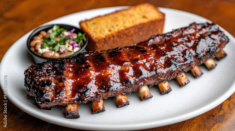 Delicious barbecue ribs with cornbread and side salad Delicious barbecue ribs with cornbread and side salad