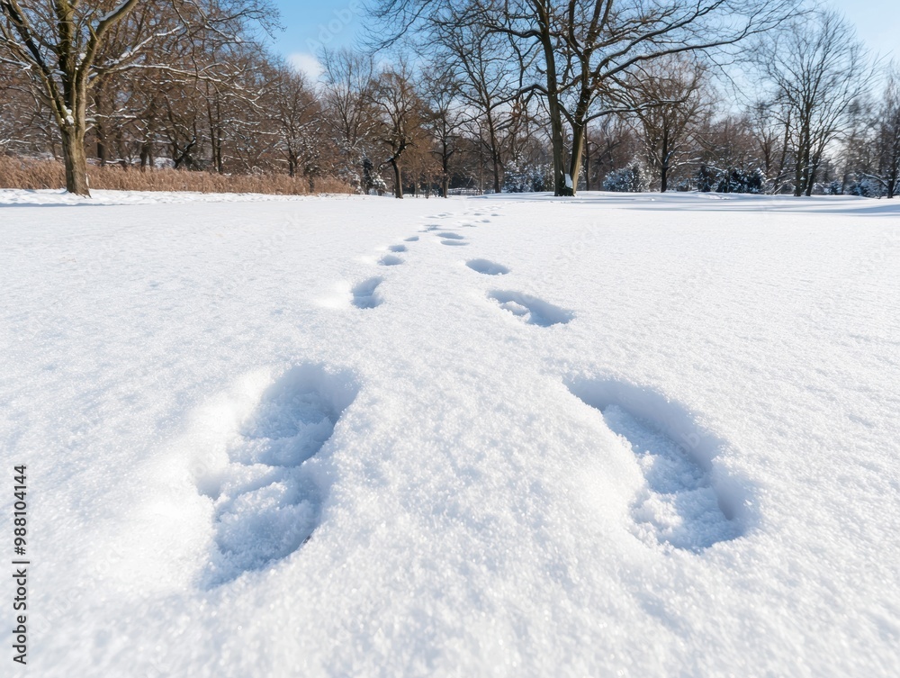 Fototapeta premium Snowy winter landscape with footprints in the snow