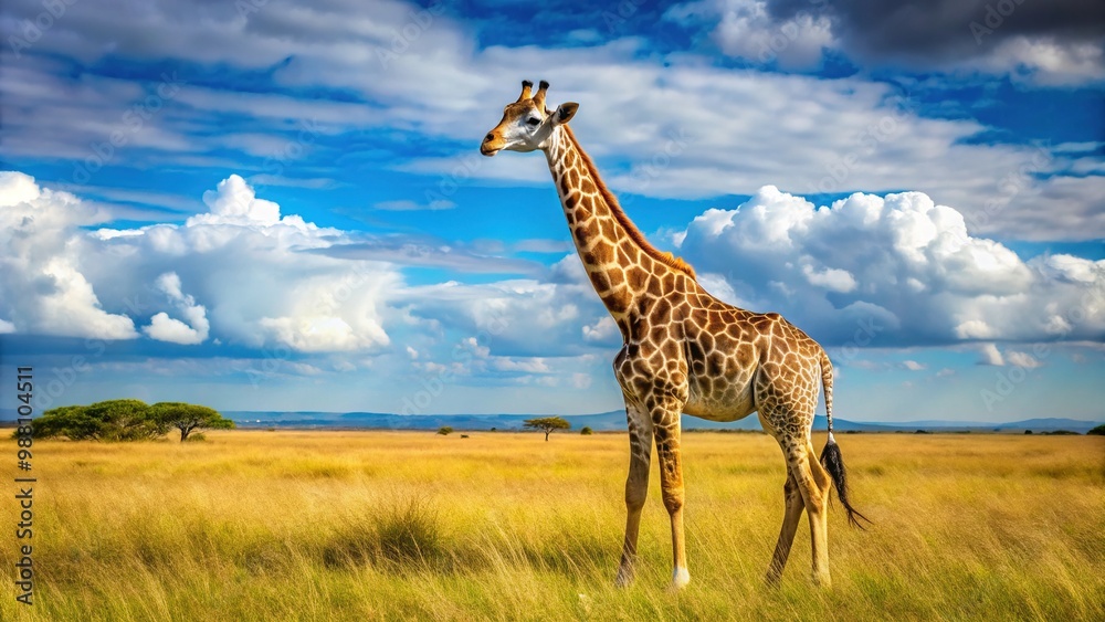 Obraz premium A giraffe with a soft coat and long neck stretches out to gaze upon the serene savannah, bathed in bright blue African sky.