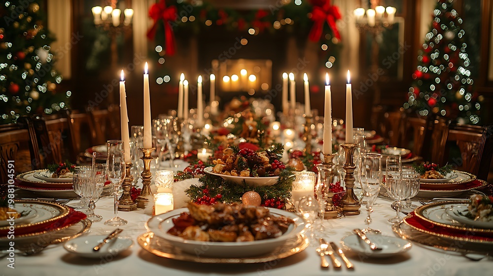 Fototapeta premium Elegant candlelit Christmas Eve dinner, long taper candles on a pristine white tablecloth, gourmet multi-course meal on fine china, silverware glinting in the soft light,