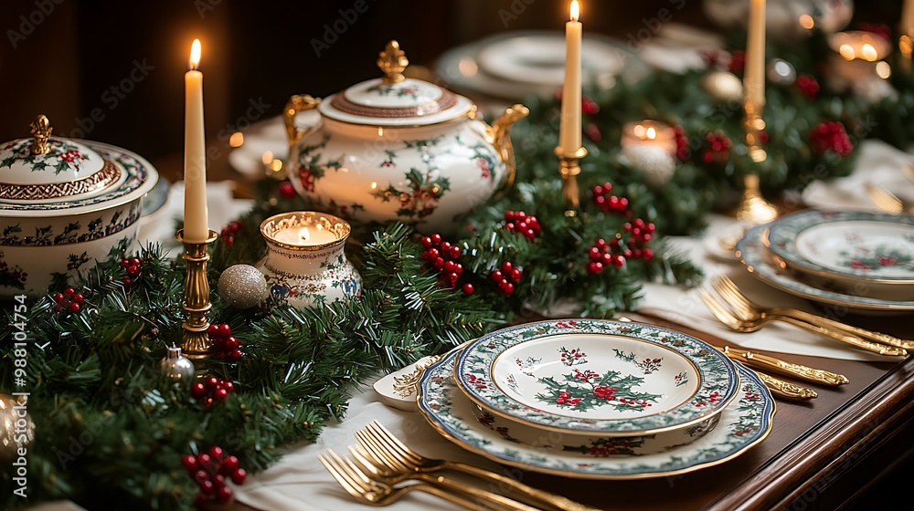 Elegant Christmas Eve table with taper candles and luxurious china, gold cutlery, gourmet dishes on white porcelain, rich green garlands with red berries, Elegant Christmas Eve table with taper candles and luxurious china, gold cutlery, gourmet dishes on white porcelain, rich green garlands with red berries,