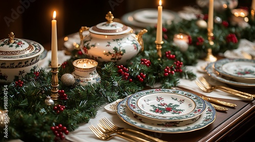 Elegant Christmas Eve table with taper candles and luxurious china, gold cutlery, gourmet dishes on white porcelain, rich green garlands with red berries,