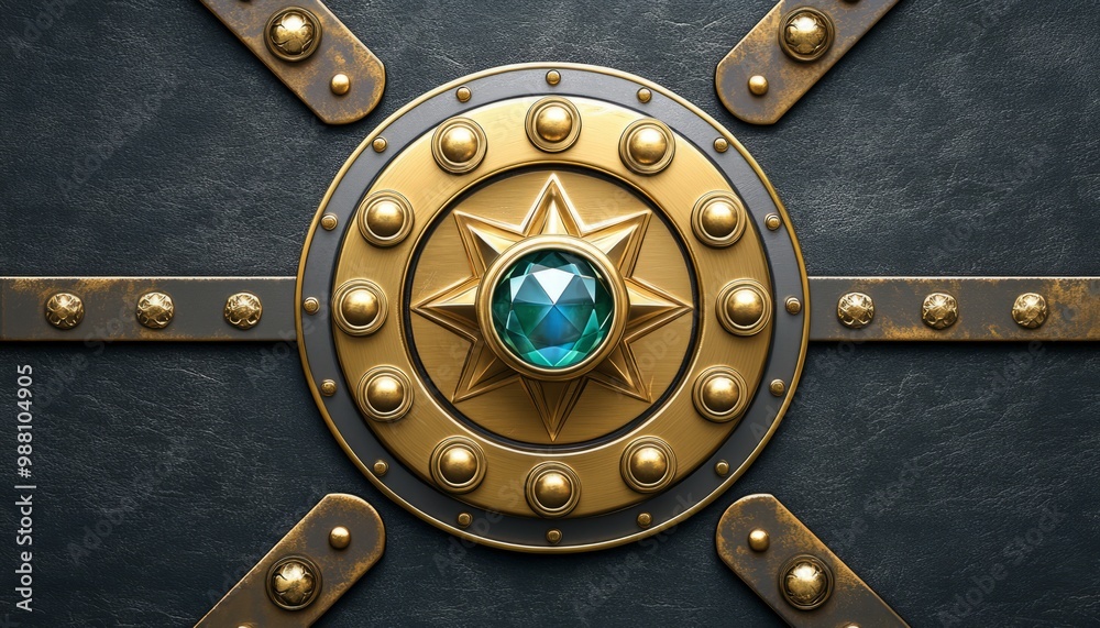 Ornate Gold Shield with a Green Gemstone and Decorative Studs Ornate Gold Shield with a Green Gemstone and Decorative Studs