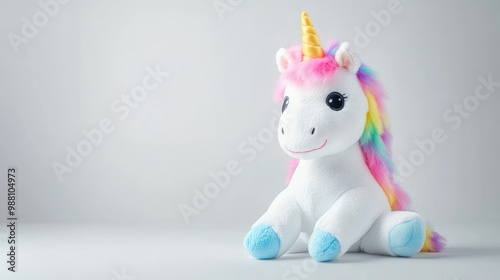 A colorful plush unicorn toy with a rainbow mane and a golden horn, designed for children.