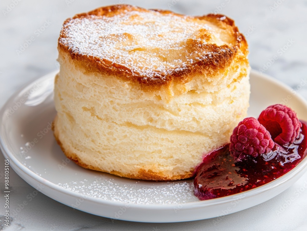 Delicious homemade cheesecake with powdered sugar and raspberries Delicious homemade cheesecake with powdered sugar and raspberries
