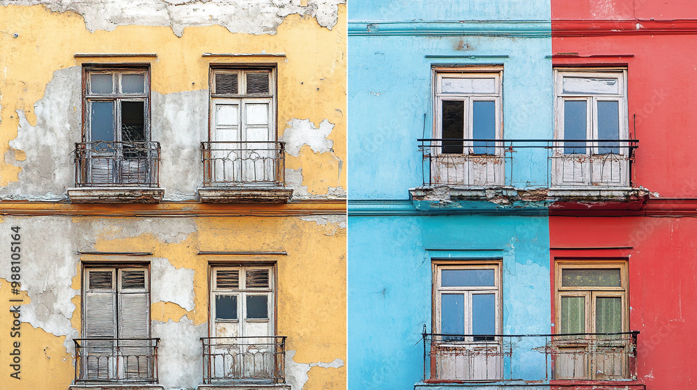 Obraz premium Dilapidated building facade next to restored exterior