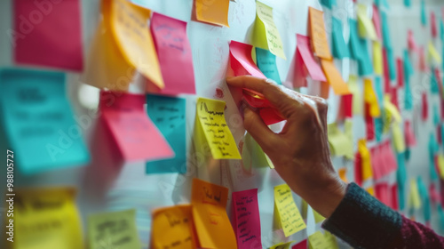 A hand is sorting through colorful post it notes on wall, showcasing creativity and organization.