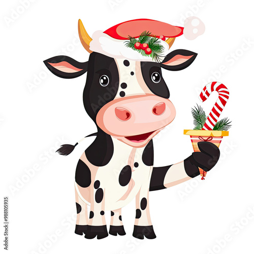 A cow is holding a bell and a candy cane