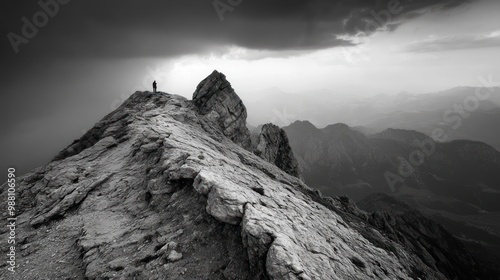 A lone figure stands on a rocky mountain peak under a dramatic sky.