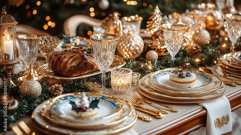 Luxury Christmas dinner setup with gold accents on the tableware, crystal glassware, and silver cutlery, gourmet roasts and decadent desserts served, surrounded by opulent holiday décor of garlands, Luxury Christmas dinner setup with gold accents on the tableware, crystal glassware, and silver cutlery, gourmet roasts and decadent desserts served, surrounded by opulent holiday décor of garlands,